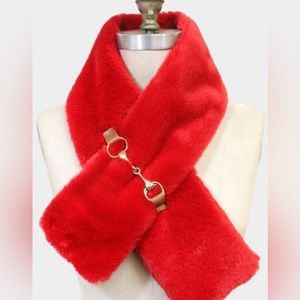 Horsebit detailing on Super Luxurious Red Faux Fur crossover Scarf